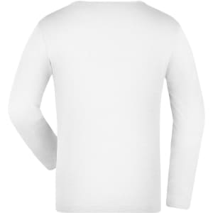 A white long-sleeve shirt with a simple design. It features a standard crew neckline and has a logo on the back.