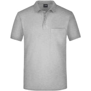 A grey men's polo shirt featuring a chest pocket and a collar. It has a branding logo on the label.
