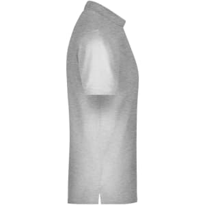 A grey men's polo shirt with a pocket, featuring a classic collar and short sleeves. It has a logo on it.