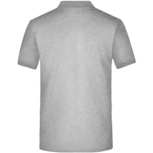 A grey men's polo shirt with a collar and short sleeves, featuring a logo on the back.
