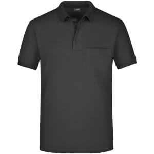 A men's black polo shirt with a collar and a small pocket on the left side. It features a logo on the chest.