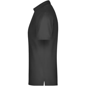 A black men's polo shirt with a classic collar and short sleeves, featuring a side view for detailed design display.