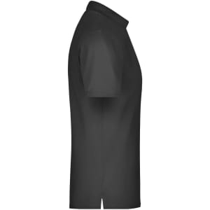 A black men's polo shirt with a pocket, featuring a classic collar and short sleeves. It includes a logo.