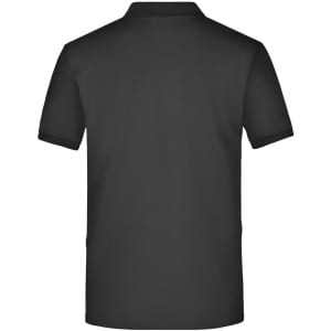 A black men's polo shirt with a pocket, featuring a classic collar and short sleeves. The back view is displayed.