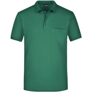 A green polo shirt with a collar and a chest pocket, featuring a logo on the sleeve.