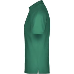 A green men's polo shirt with short sleeves and a collar, featuring a branding logo.