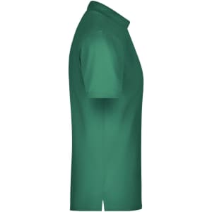 A green men's polo shirt featuring a pocket and a collar, viewed from the side. It includes a logo.