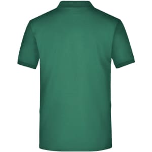 A men's polo shirt in a solid green colour, featuring a collar and a logo on the back.