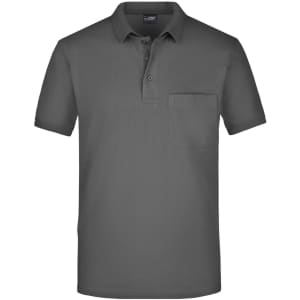 A dark grey polo shirt with a collar and a chest pocket, featuring a logo on the chest.