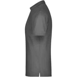 A grey men's polo shirt with short sleeves and a collar, featuring a side view design and a logo.