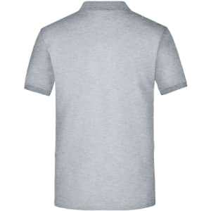 A grey men's polo shirt featuring a back view with a standard collar and short sleeves. It has a logo.