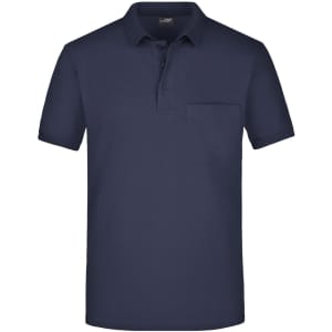 A navy blue polo shirt with a collar and a front pocket. Includes a logo on the chest area.