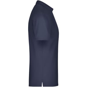 A navy men's polo shirt featuring a classic collar and short sleeves, with a side view showcasing its fit.