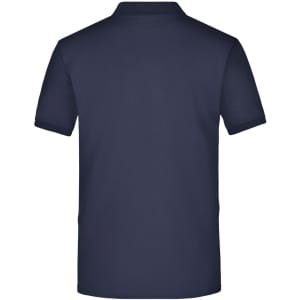 A navy blue men's polo shirt featuring a classic collar and short sleeves, with a logo on the chest.