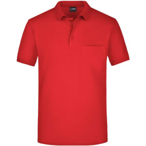 A red polo shirt featuring a collar and a chest pocket, with a logo on the label.
