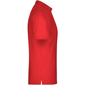 A red men's polo shirt with a collar, short sleeves, and a side split detail, featuring a logo.