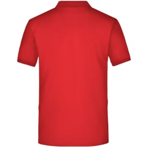 A red polo shirt with a collar and short sleeves, featuring a small logo on the back.