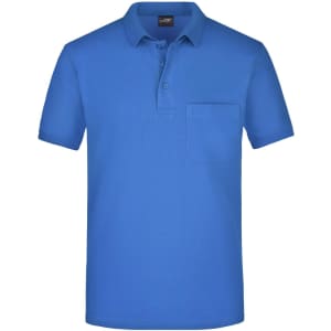 A blue polo shirt featuring a collar and a chest pocket, with a logo on the label.