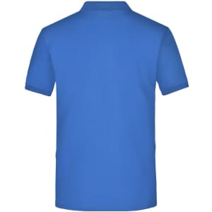 A blue men's polo shirt featuring a collar and short sleeves, with a logo on the back.