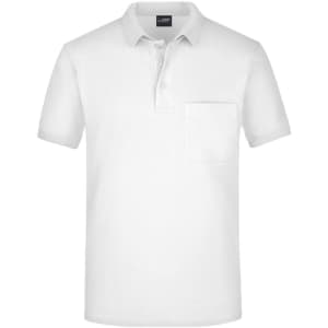 A white polo shirt with a pocket, featuring a classic collar and short sleeves. It includes a logo on the front.