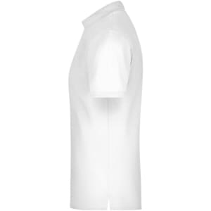 A white polo shirt featuring short sleeves and a collar, with a logo on the chest.
