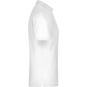 A white men's polo shirt with short sleeves and a side view, featuring a logo on the chest.