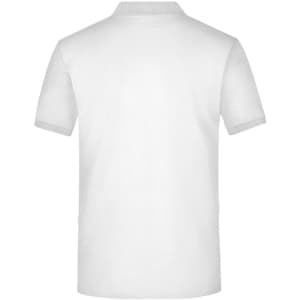 A white men's polo shirt with short sleeves and a logo on the chest. The shirt features a classic collar design.