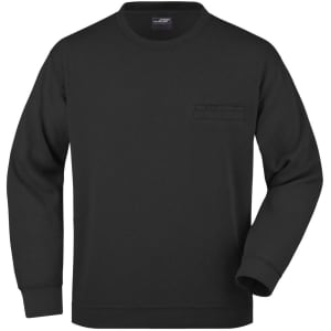 A black men's round sweat pocket jumper featuring a front pocket and a logo on the label.
