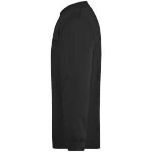 A black men's round sweat pocket jumper, featuring a side view with long sleeves and a pocket detail.