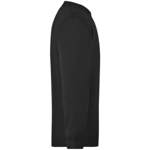 A black men's round sweat pocket jumper with a side view showcasing the sleeve and neckline. It features a logo.
