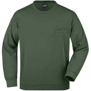 A green men's round sweat pocket jumper featuring a front pocket and ribbed cuffs. It has a branding logo.