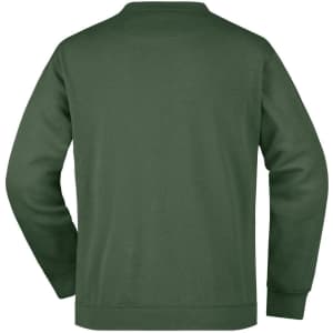 A green men's round neck sweat pocket jumper, featuring long sleeves and a plain design, with a logo on the back.