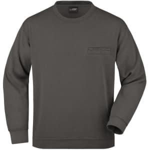 A grey men's round sweat pocket jumper featuring a front pocket and long sleeves. It has a logo on the label.
