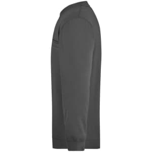 A men's round sweat pocket jumper in dark grey, featuring a side view with long sleeves and a pocket.