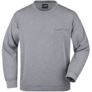 A grey round sweat jumper featuring a pocket on the chest and a logo. Perfect for casual wear.