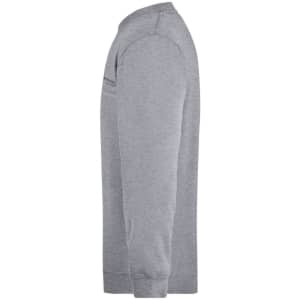 A grey men's round sweatshirt featuring a side view and a pocket. It has long sleeves and a logo.