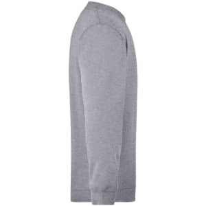 A grey men's round sweat pocket jumper, featuring a side view with a logo on the sleeve.