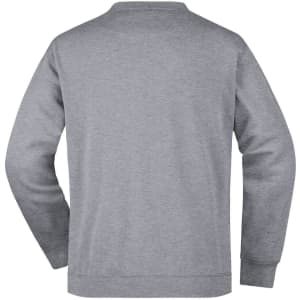 A grey men's round neck sweater with a pocket, featuring a plain design on the back. It includes a logo.