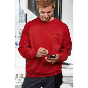 A red men's round sweat pocket jumper displayed on a man using a smartphone, featuring a logo on the chest.