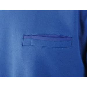 Blue men's jumper featuring a round sweat pocket, with a subtle logo on the fabric.