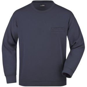 A navy round neck sweatshirt featuring a chest pocket and long sleeves, complete with a logo.