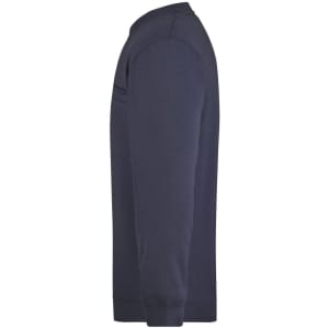 A navy blue men's round sweat pocket jumper with a side view showcasing long sleeves and a simple design.