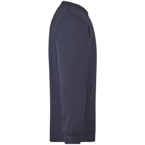A navy blue men's sweater with a round neck and long sleeves, featuring a side view and a logo.