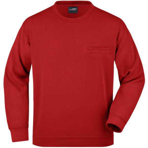 A red men's round sweat pocket jumper featuring a front pocket and long sleeves. It has a logo on the label.