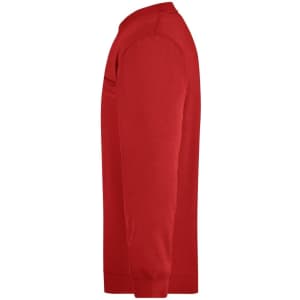 A red men's round sweat pocket jumper with long sleeves and a side view of its design. Features a logo on the fabric.