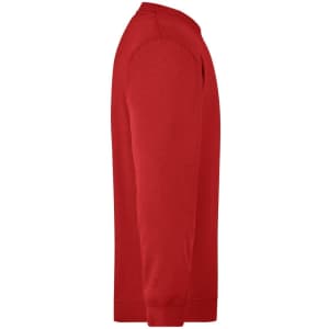 A red men's round sweat pocket jumper, featured from the side, showcasing its sleeve and overall design.