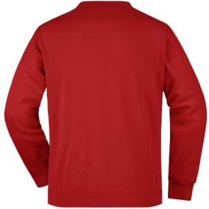 A red men's round sweat pocket jumper featuring a simple, clean back design and long sleeves.