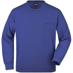 A blue men's round sweat pocket jumper featuring a chest pocket and ribbed cuffs. It has a logo on the label.