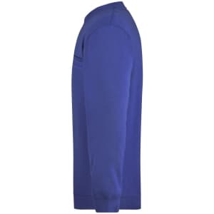 A blue men's round sweat pocket jumper with long sleeves and a ribbed hem. The garment features a logo.