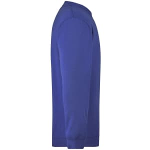 A blue men's round sweat pocket jumper with a side view, featuring a logo on the front.